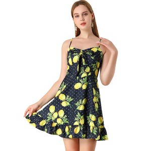 Allegra K Women's Floral Ruffle Bow Knot Lemon Spaghetti Strap Mini Sundress - 1 of 4