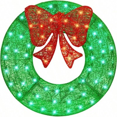 26 Inch Lighted Christmas Wreath Outdoor Wall Door Decoration Green Flocked Artificial Pine Leaves Waterproof Holiday Home Decor