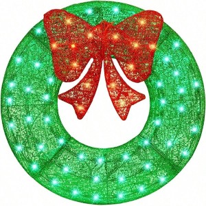 26 Inch Lighted Christmas Wreath Outdoor Wall Door Decoration Green Flocked Artificial Pine Leaves Waterproof Holiday Home Decor - 1 of 4