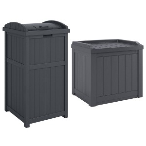 Suncast 22-Gallon Outdoor Patio Backyard Deck Box Storage Bench and 30-Gallon Hideaway Trash Waste Bin with Latching Lid, Cyberspace - 1 of 4