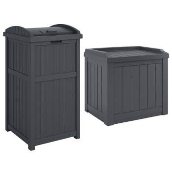 Suncast 22-Gallon Outdoor Patio Backyard Deck Box Storage Bench and 30-Gallon Hideaway Trash Waste Bin with Latching Lid, Cyberspace
