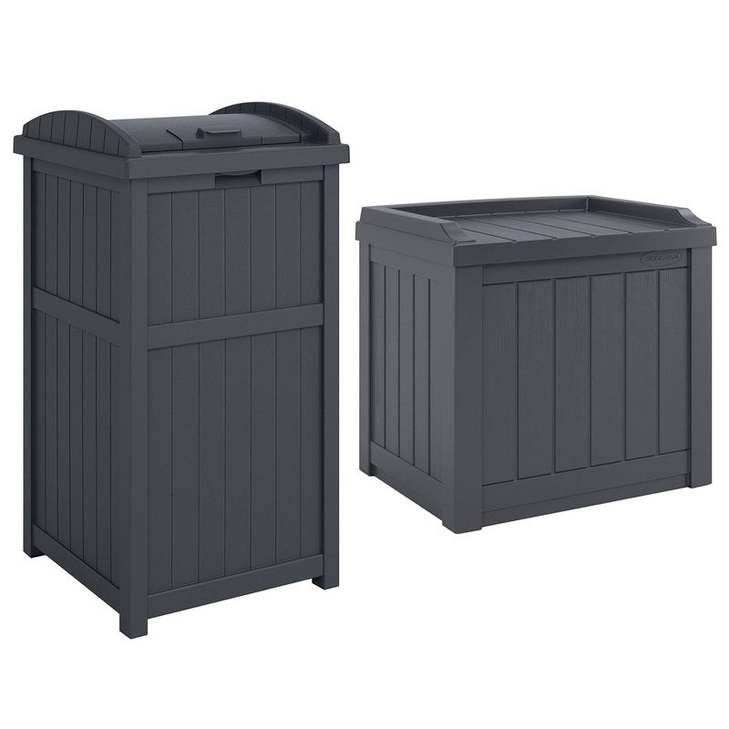 Suncast 22-Gallon Outdoor Patio Backyard Deck Box Storage Bench and 30-Gallon Hideaway Trash Waste Bin with Latching Lid, Cyberspace, 1 of 7
