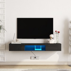 CENGHU Floating TV Stand, Wall Mounted TV Shelf with LED Lights & Power Outlet, High Gloss Floating TV Cabinet, for Living Room - 1 of 4