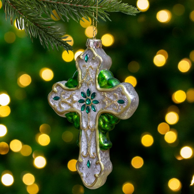 NORTHLIGHT 5" Luck of the Irish Mercury Finish Cross Glass Christmas Ornament - Green/White, 2 of 7