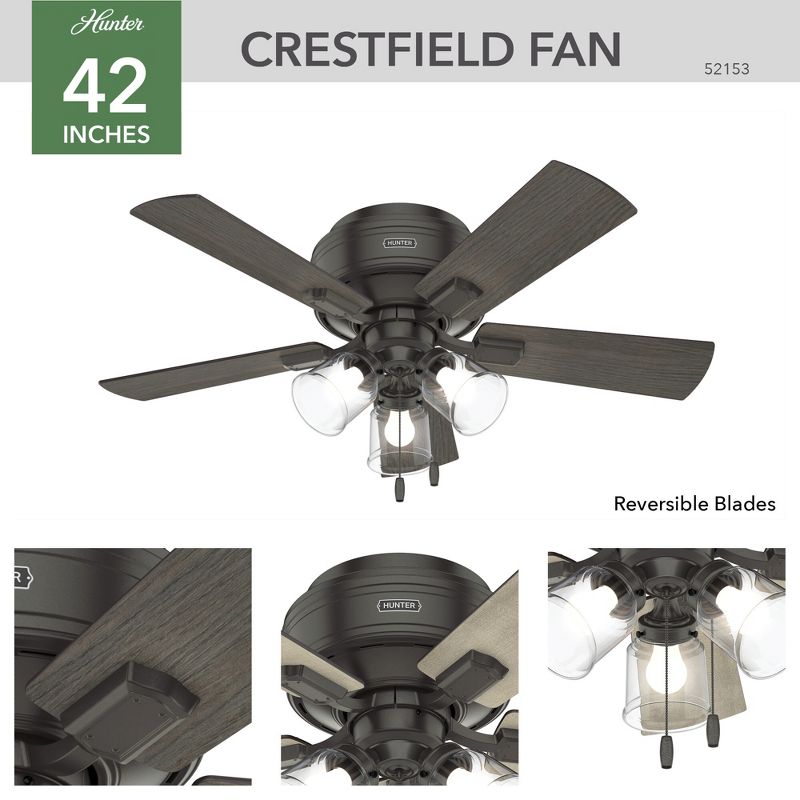 42" Crestfield Low Profile Ceiling Fan (Includes LED Light Bulb) - Hunter Fan, 3 of 16
