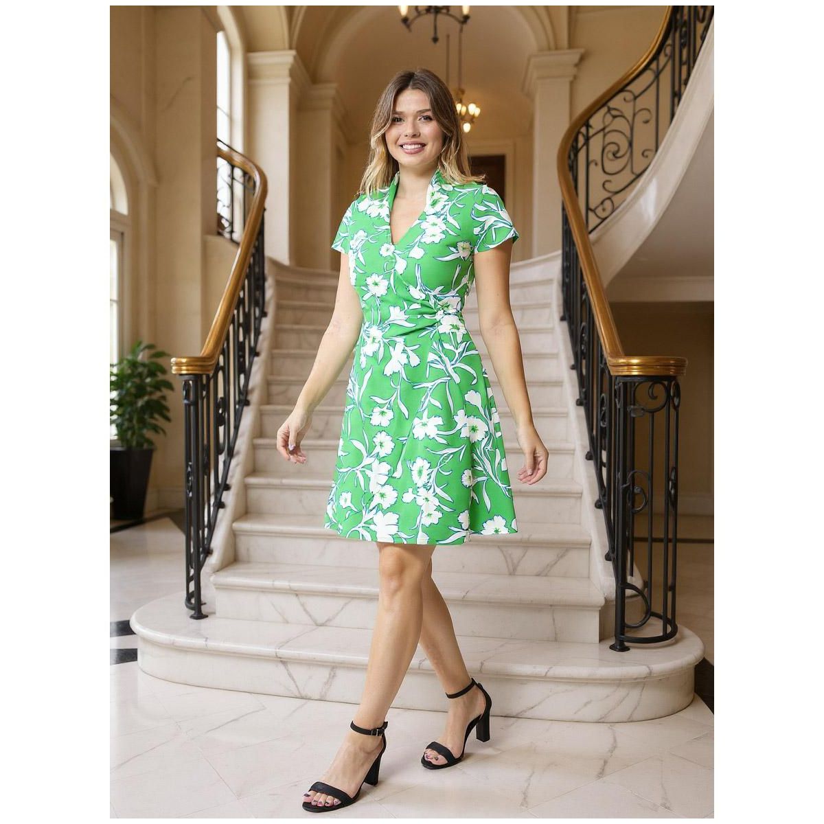 Womens Floral Collar Knee Length Side Tie Wrap Dress - 24seven Comfort Apparel™ - thumbnail 5