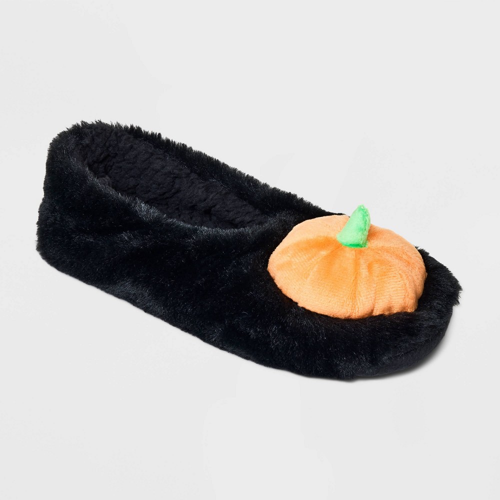 Women's 3D Pumpkin Faux Fur Pull-On Halloween Slipper Socks with Grippers - Hyde & EEK! Boutique™ Black/Orange M/L