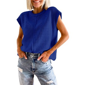 Womens Cap Sleeve Sweater Vest Crew Neck Knit Sleeveless Tank Tops Casual Lightweight Pullover Sweaters - 1 of 2