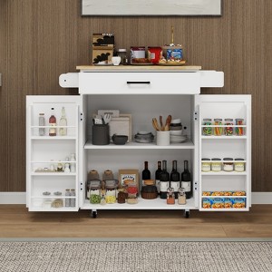 LOVMOR Kitchen Island Rolling Cart with 1 drawer,2 Doors,Storage Racks,Adjustable Shelves,Towel Rack and Wood TableTop,White - 1 of 4