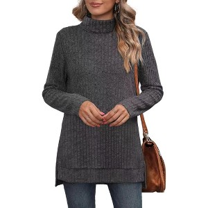 Women's Fall Winter High Neck Ribbed Knit Top - Loose Fit T-Shirt with Side Slits - 1 of 4