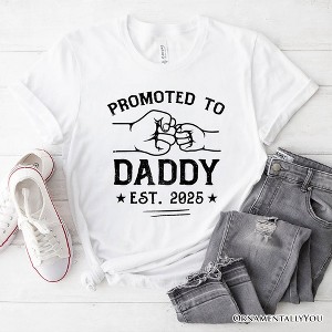 Promoted to Daddy Est. 2025 T-Shirt, Black and White New Dad Pregnancy Announcement Tee| OrnamentallyYou - 1 of 4