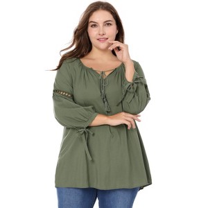 Agnes Orinda Women's Plus Size Tie Tassel V Neck Hollow Bowknot Long Sleeve Casual Blouses - 1 of 4