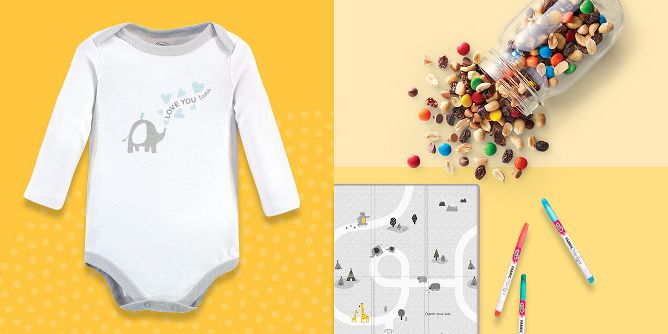 play mat, onsie, shirt markers, "keep exploring" art, trail mix