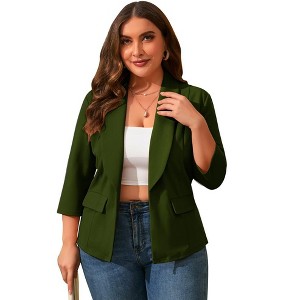 Whizmax Womens Plus Size Casual Pocketed Blazer Office Open Front 3/4 Sleeve Cardigans Jacket Work Suit,Brown Green,XL - 1 of 4