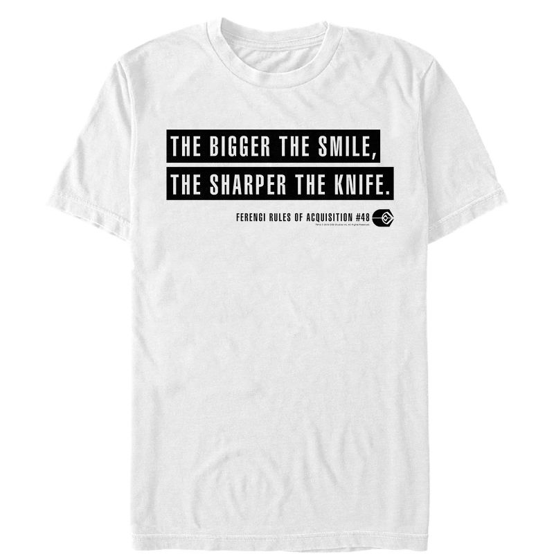 Men's Star Trek: Deep Space Nine Ferengi Rules Bigger Smile Sharper Knife T-Shirt, 1 of 5