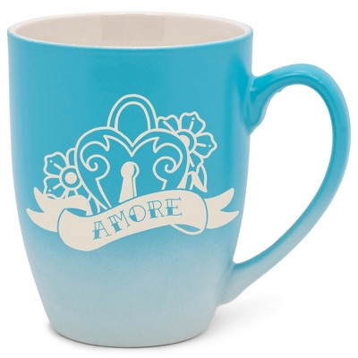 100 North Floral Heart 10 Ounce Blue and White Two Toned Ombre, Comfortably Fits Your Hands, Ceramic Tea Coffee Cup Mug, Amore