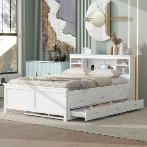 NicBex Full Size Platform Bed Wooden Bed Frame with Trundle, Storage Headboard, Drawers and Interface for Bedroom, No Box Spring Required, White - 1 of 4