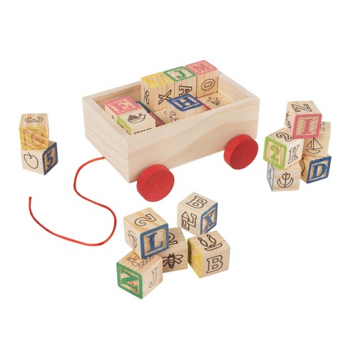 30 Wooden Blocks Pull Cart Wagon ABC's Alphabet Letters Toddler preschool learn 