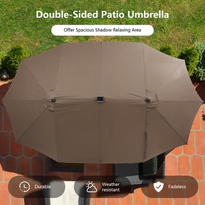 15ft Coffee Double-Sided Steel Market Patio Umbrella with Solar LED Lights