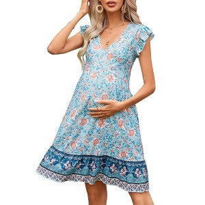 Maternity Dress Summer V Neck Ruffle Cap Sleeveless Bohemian Midi Dress Pockets for Baby Shower - 1 of 4