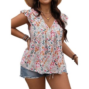 Womens Plus Size Ruffle Sleeveless V Neck Floral Print Blouse Pleated Summer Loose Casual T Shirts - 1 of 4