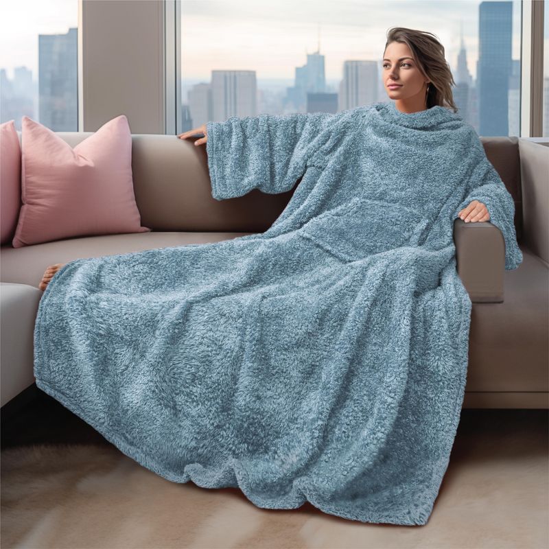 PAVILIA Fluffy Wearable Blanket with Sleeves for Women Men Adults, Fuzzy Warm Plush Snuggle Pocket Sleeved TV Throw, 2 of 10