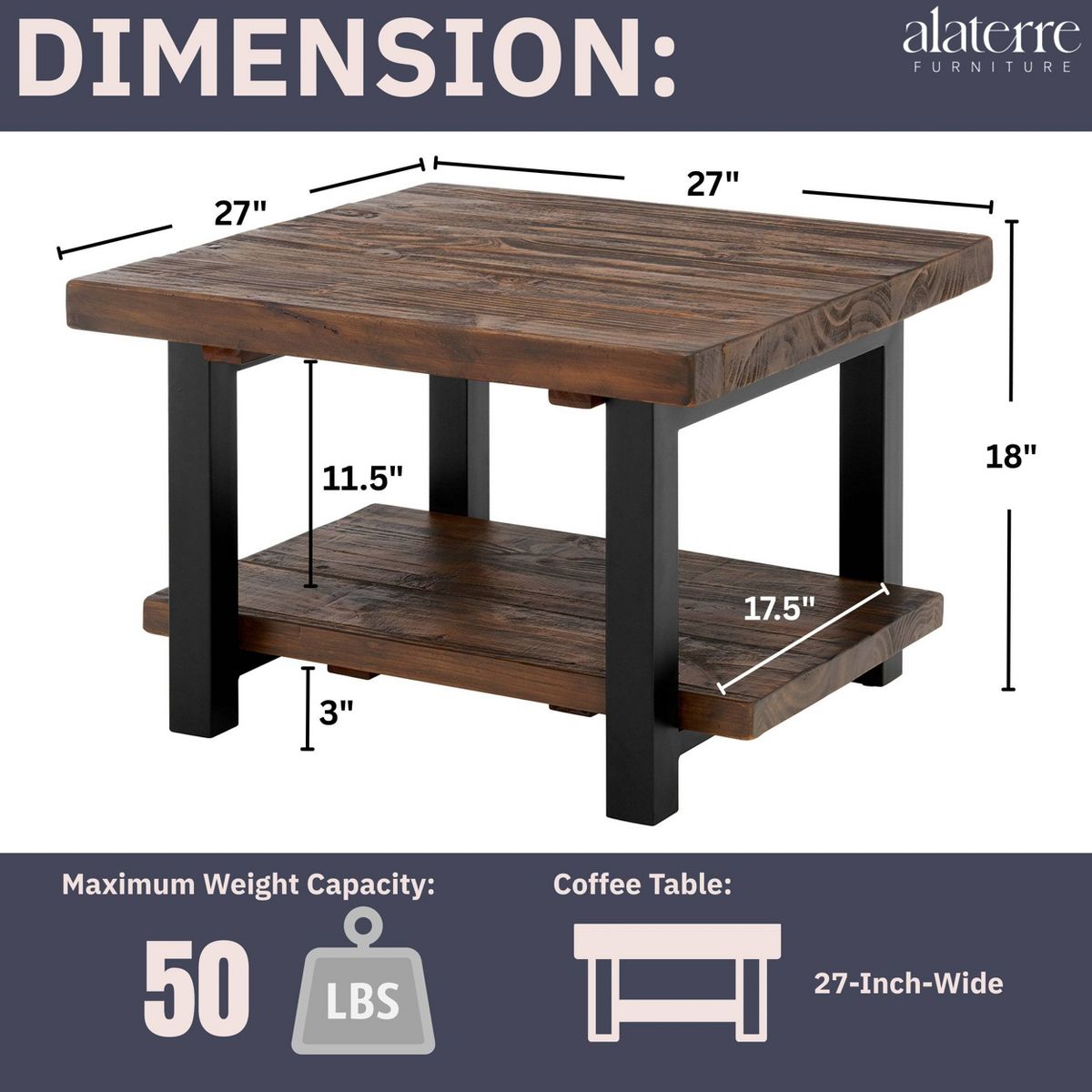 Pomona Metal and Wood Square Coffee Table - Alaterre Furniture - thumbnail 4