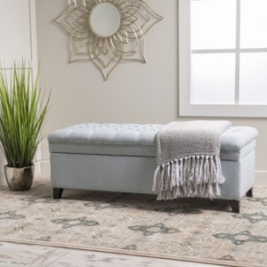 Okak Luxury ButtonTufted Storage Ottoman Bench Ottoman Foot Rest with Hidden Storage and Birch Wood Legs Bed Bench for Bedroom,Entryway, Light Blue - 1 of 4