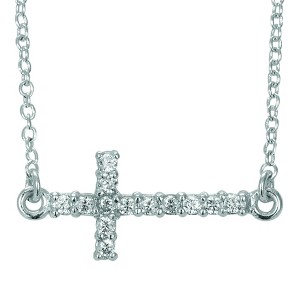 Dicksons Horizontal CZ Cross Silver Plated 18 Inch Women's Bar Necklace in Jewelry Box - 1 of 2
