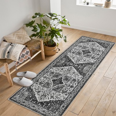 Machine Washable Runner Rugs, Non Slip Indoor Soft Accent Distressed Boho Vintage Print Lightweight Thin Low Pile Carpet