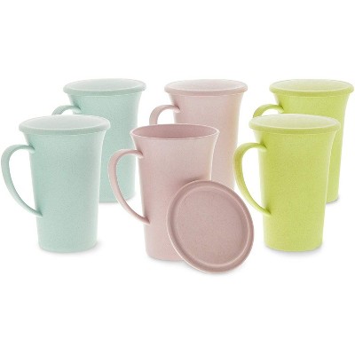 Okuna Outpost 6-Pack Unbreakable Wheat Straw Tea Cups, Coffee Mugs with Lids & Handles 14.88 Oz