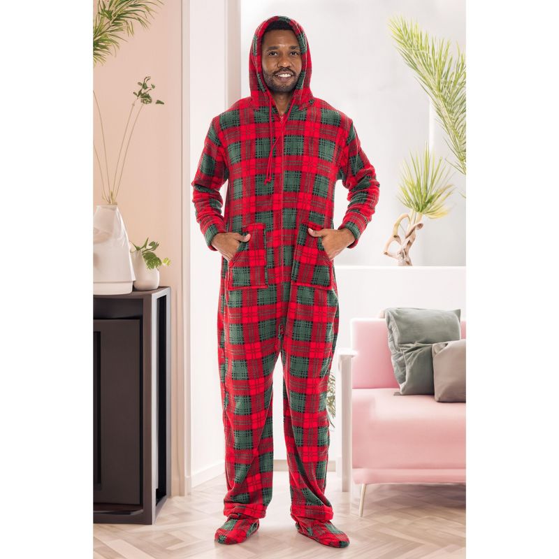 Men's Plush Fleece One Piece Hooded Footed Zipper Pajamas Set, Soft Adult Onesie Footie with Hood, 3 of 9