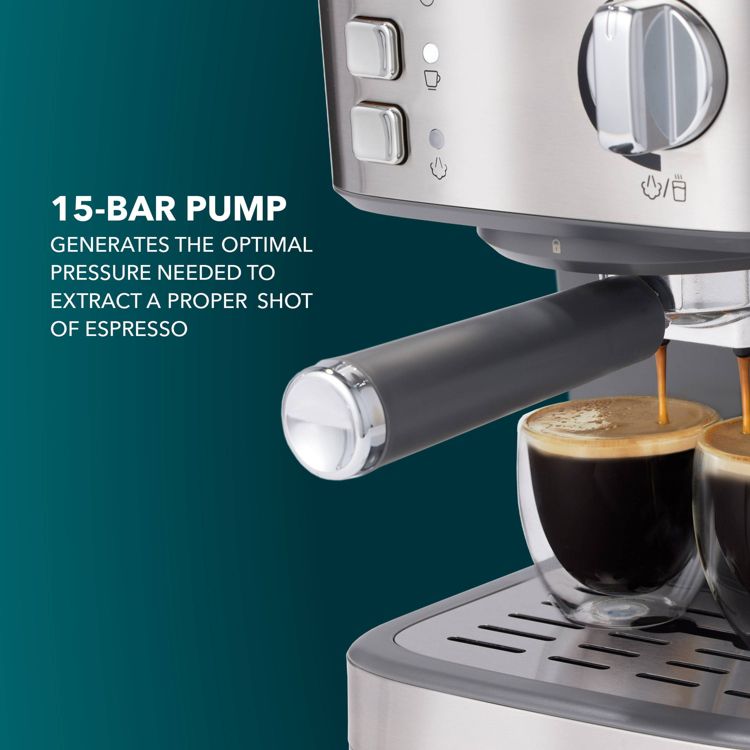 Espresso maker with a 15-bar pump pouring espresso into two glass cups, alongside text highlighting the pump's optimal pressure for extraction.