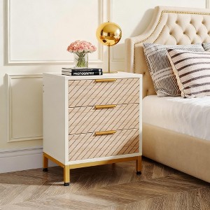 Gulches White and Gold Light Wood Grain Nightstands (3 Drawers), All-Match Bedside End Tables with Storage for Bedroom Living Room - 1 of 4