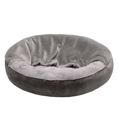Small Dark Gray Faux Fur and Velvet Hooded Donut Pet Bed