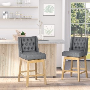 Bar Height Bar Stools Set of 2, 180 Degree Swivel Barstools, 30" Seat Height Bar Chairs with Solid Wood Footrests and Button Tufted Design, Gray - 1 of 4