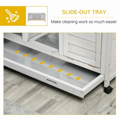 Light Gray Wooden Rabbit Hutch with Wheels and Dividers
