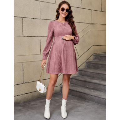 Maternity Sweater Dress Lantern Sleeve Crew Neck A-Line Swing Knit Dress  Casual Loose Winter Pullover Sweater Midi Dresses Pink M : Target