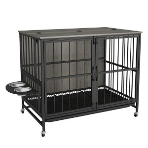FURNIinspire Pet Crates And Houses Modern Kennel Pet Crate Dogs Room With Adjustable Feeding Bowls, Double-Door Dog House, Gray,20.86"*31.49"*26.77" - 1 of 4
