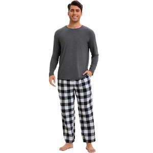 INSPIRE CHIC Men's Long Sleeve Solid Color Nightwear Casual Plaid Pattern Pajamas Set 2 Pieces - 1 of 4