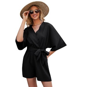 Rompers for Women 2023 Summer Casual V Neck Short Jumpsuits Belted Wrap Flared Half Sleeve Waist Tie Romper - 1 of 4