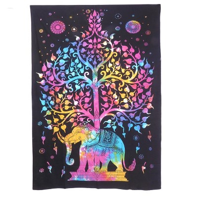 HomeRoots 80" X 56" Black Pink And Yellow Elephant Mandala Cotton Hanging Tapestry