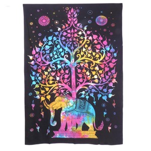 HomeRoots 80" X 56" Black Pink And Yellow Elephant Mandala Cotton Hanging Tapestry - 1 of 3