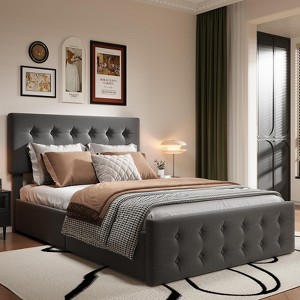 Linen Upholstered Platform Bed Frame with 4 Storage Drawers & Button Tufted Headboard – No Box Spring Needed, Diamond Stitched Design - 1 of 4
