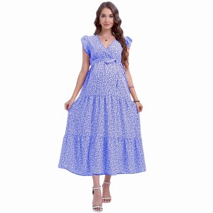 Women Summer Bohemian Floral Casual Wrap Ruffle Belt A-Line Pleated Hem Midi Sun Dress - 1 of 1
