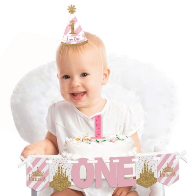 Big Dot of Happiness Little Princess Crown 1st Birthday - First Birthday Girl Smash Cake Decorating Kit - Pink & Gold Princess High Chair Decorations