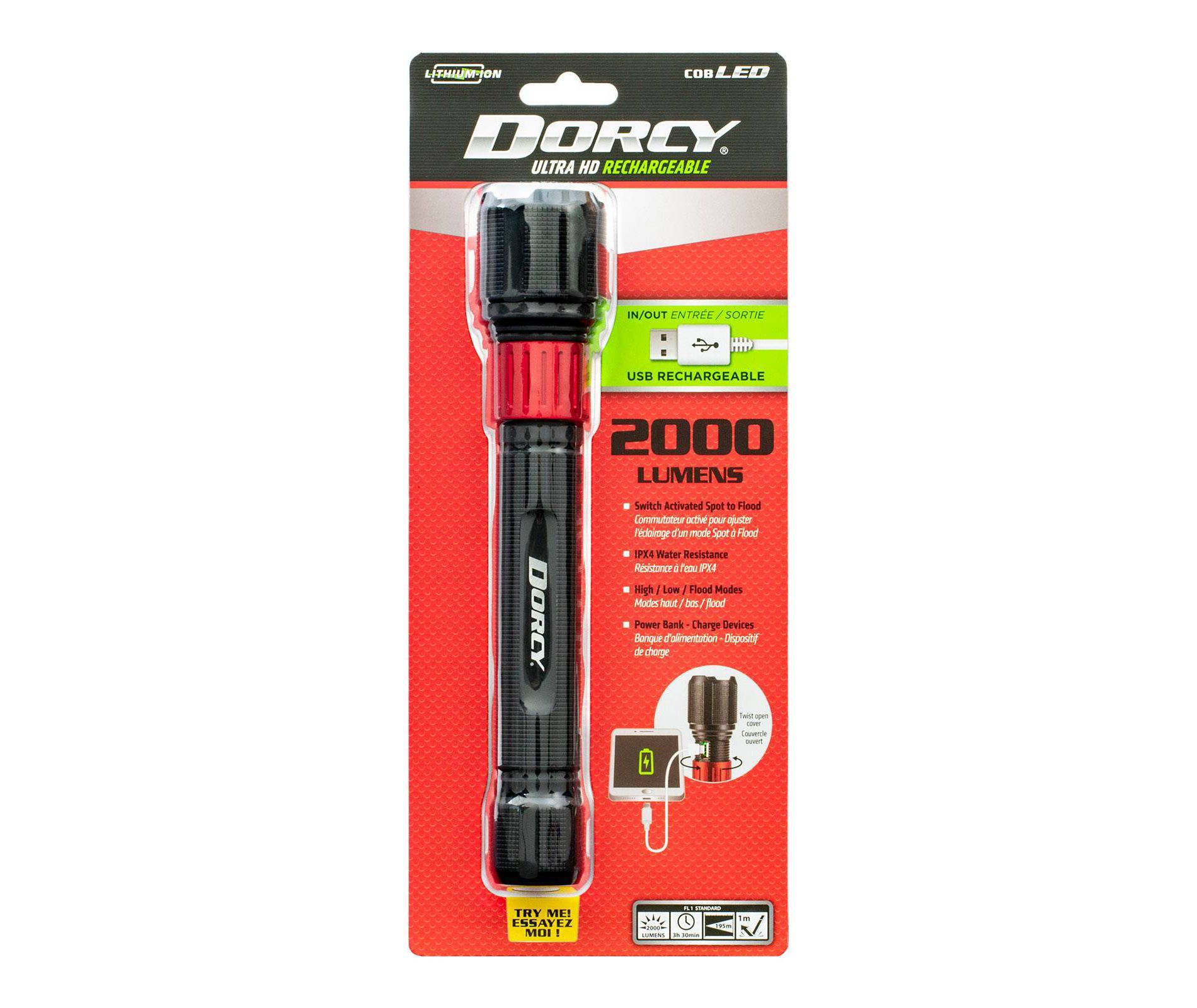 Dorcy 2000 Lumens USB Rechargeable LED Flashlight Power Bank: Water-Resistant, Impact-Resistant, 17 Hr Run Time