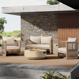 Christopher Knight Home Joplin 5 Piece Outdoor Acacia Wood and Rope Chat Set with Cushions and Round Fire Pit - 1 of 4