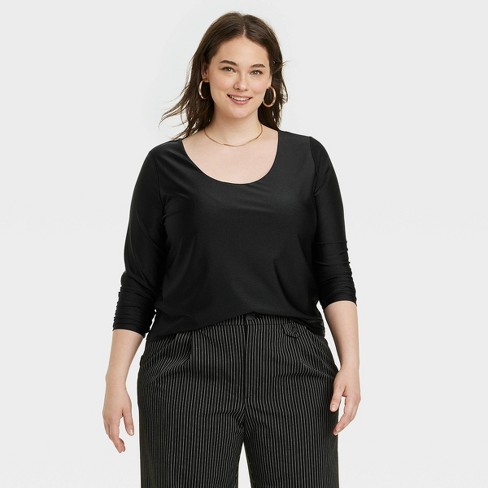 Women's Ribbed Long Sleeve Scoop Neck T-shirt - Universal Thread™ Black S :  Target