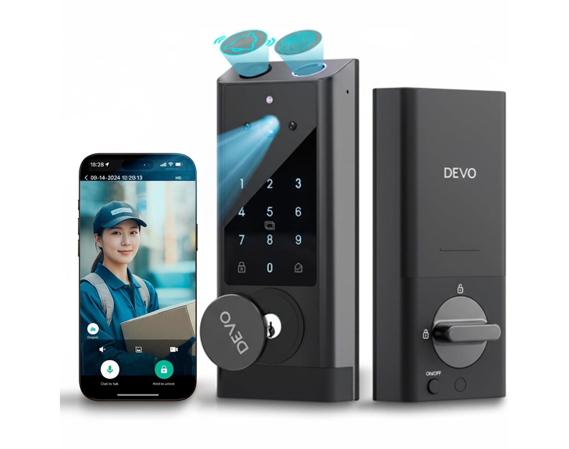 BATHWA 6-in-1 Smart Lock with Fingerprint & Video Doorbell - WiFi Keyless Entry Deadbolt, Auto-Lock, App Control for Front Door Security